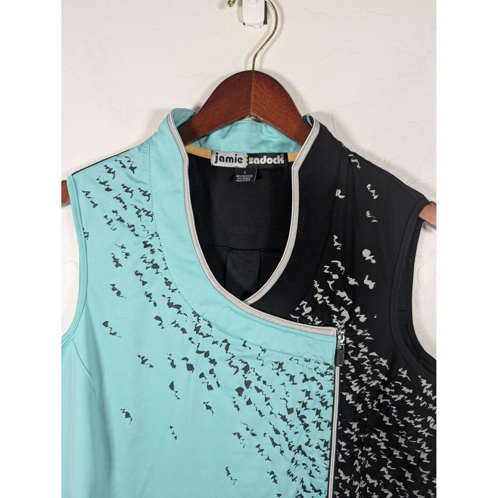 Jamie Sadock Shirt Womens Large Black Aqua Sleeveless Golf Mock Neck Zip Stretch - Picture 3 of 8